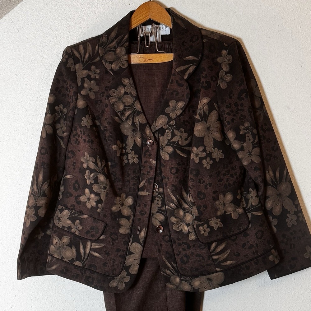Sag Harbor Womens 14WP 3 Pc Set Jacket Vest Pants Brown Floral Petite